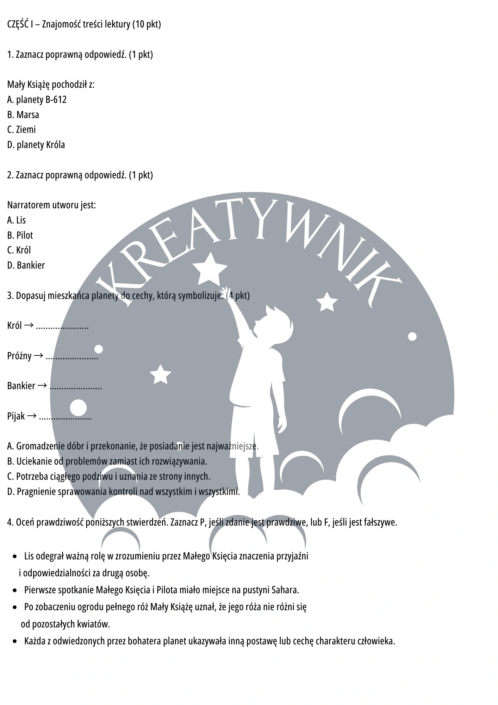 Przykładowe zadania z motywów i cytatów z lektury Mały Książę – fragment zestawu ćwiczeń