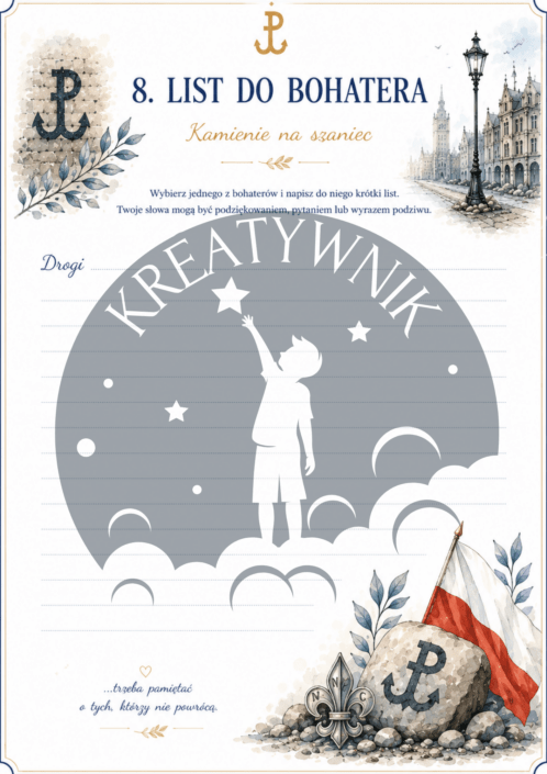 Podgląd przykładowych stron z zestawu ćwiczeń do lektury Kamienie na szaniec – Kreatywnik