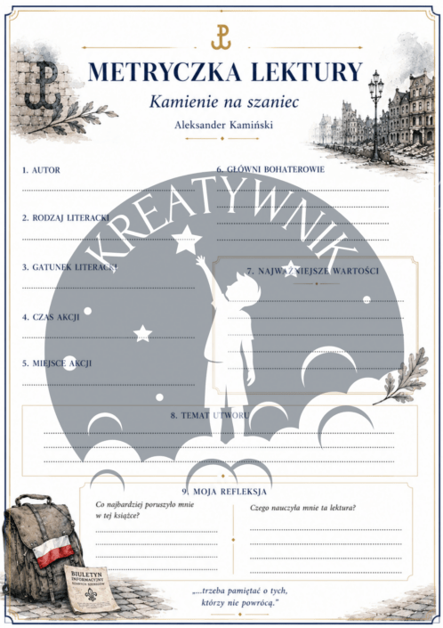 Podgląd przykładowych stron z zestawu ćwiczeń do lektury Kamienie na szaniec – Kreatywnik