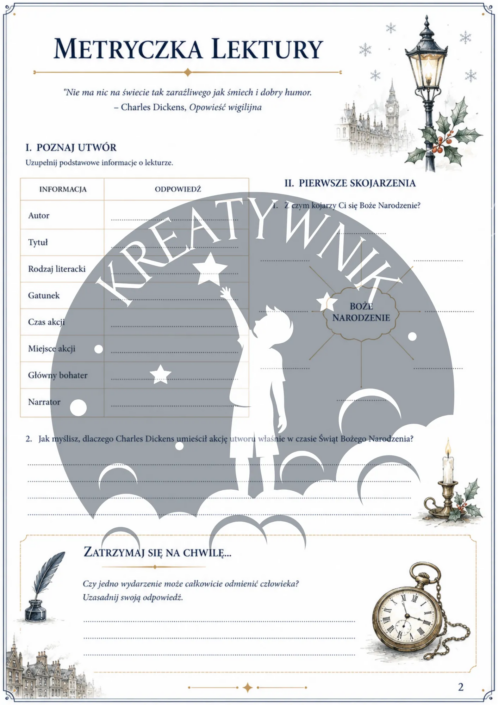 Przykładowe zadania dotyczące przemiany Ebenezera Scrooge'a i odwiedzin duchów – fragment zestawu ćwiczeń
