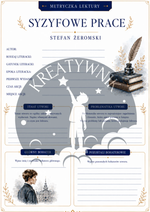 Podgląd stron z zestawu ćwiczeń do lektury Syzyfowe prace – Kreatywnik.com.pl