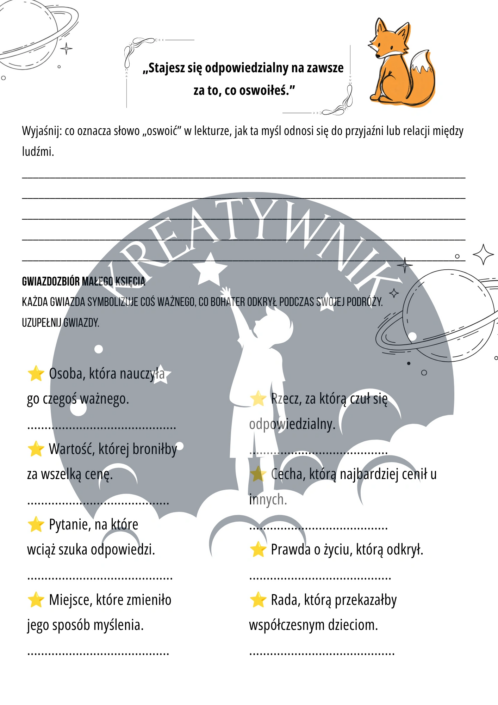 Przykładowe zadania z motywów i cytatów z lektury Mały Książę – fragment zestawu ćwiczeń