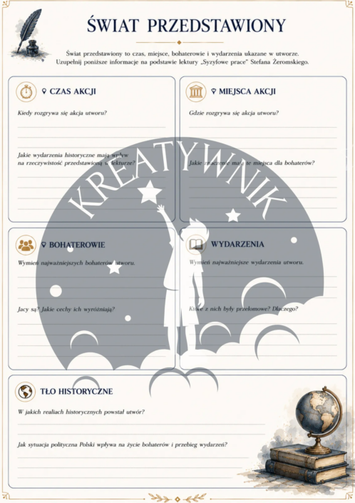 Podgląd stron z zestawu ćwiczeń do lektury Syzyfowe prace – Kreatywnik.com.pl