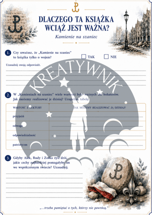 Podgląd przykładowych stron z zestawu ćwiczeń do lektury Kamienie na szaniec – Kreatywnik