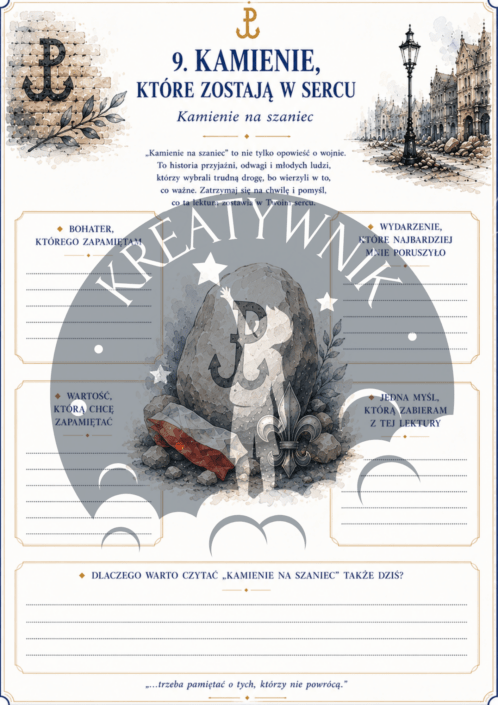 Podgląd przykładowych stron z zestawu ćwiczeń do lektury Kamienie na szaniec – Kreatywnik