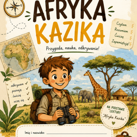 Okładka zestawu zadań, kart pracy i łamigłówek do książki Afryka Kazika Łukasza Wierzbickiego ze sklepu kreatywnik.com.pl