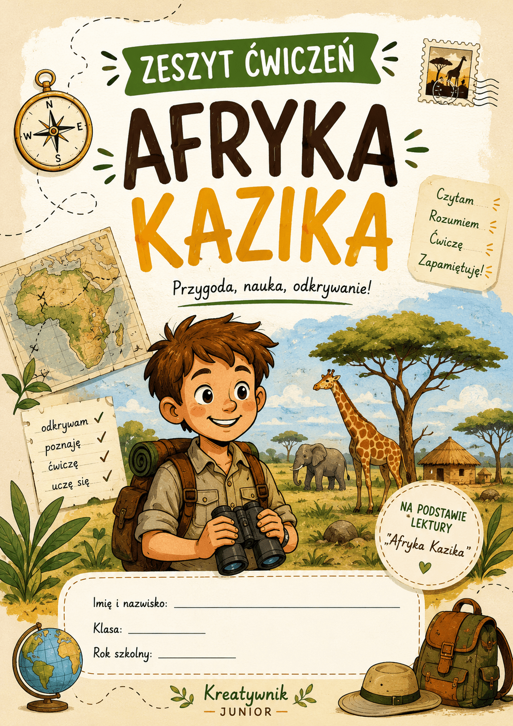 Okładka zestawu zadań, kart pracy i łamigłówek do książki Afryka Kazika Łukasza Wierzbickiego ze sklepu kreatywnik.com.pl