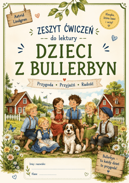 Zdjęcie główne okładki zestawu ćwiczeń i kart pracy do lektury Dzieci z Bullerbyn – Kreatywnik.com.pl
