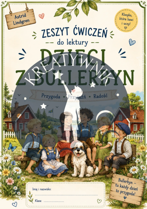 Fragment arkusza ze sprawdzeniem wiedzy, krzyżówką i pytaniami do książki Dzieci z Bullerbyn Astrid Lindgren