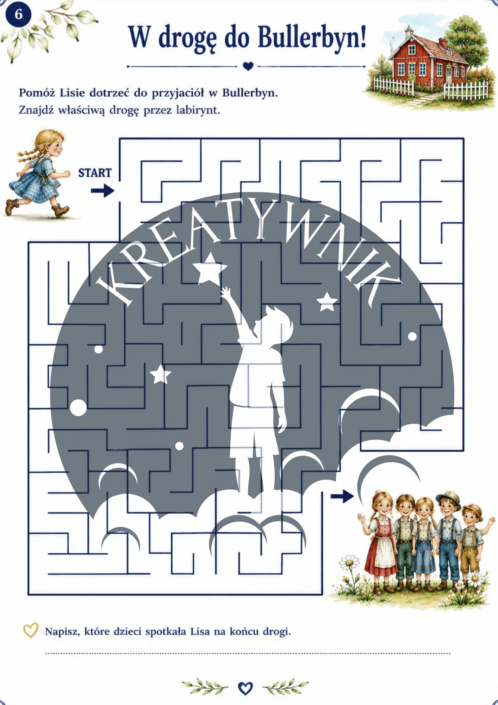 Fragment arkusza ze sprawdzeniem wiedzy, krzyżówką i pytaniami do książki Dzieci z Bullerbyn Astrid Lindgren