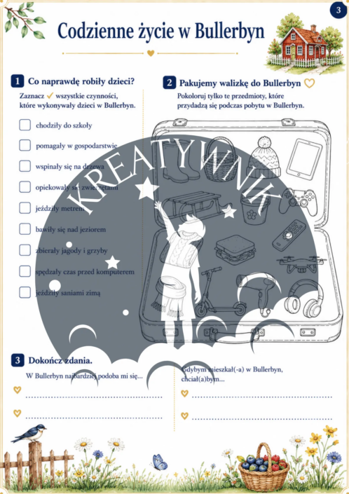 Fragment arkusza ze sprawdzeniem wiedzy, krzyżówką i pytaniami do książki Dzieci z Bullerbyn Astrid Lindgren
