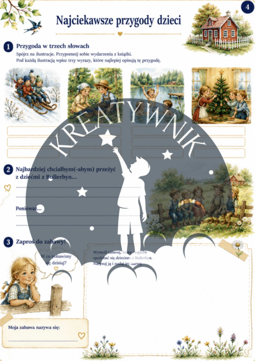 Fragment arkusza ze sprawdzeniem wiedzy, krzyżówką i pytaniami do książki Dzieci z Bullerbyn Astrid Lindgren