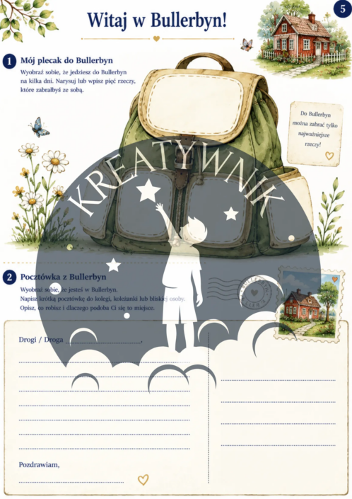 Fragment arkusza ze sprawdzeniem wiedzy, krzyżówką i pytaniami do książki Dzieci z Bullerbyn Astrid Lindgren