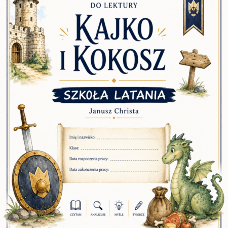 Zdjęcie główne okładki zestawu ćwiczeń i kart pracy do lektury Kajko i Kokosz. Szkoła latania – Kreatywnik.com.pl