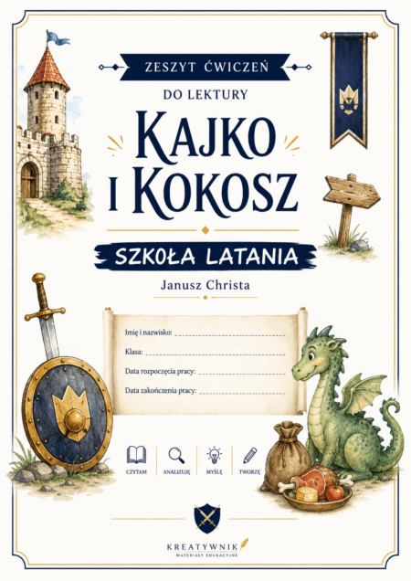 Zdjęcie główne okładki zestawu ćwiczeń i kart pracy do lektury Kajko i Kokosz. Szkoła latania – Kreatywnik.com.pl