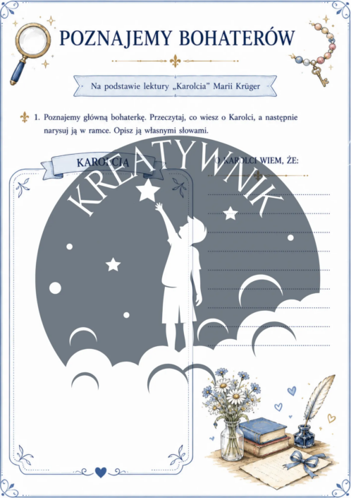 Podgląd stron z kreatywnego zeszytu lektury do książki Karolcia – Kreatywnik.com.pl