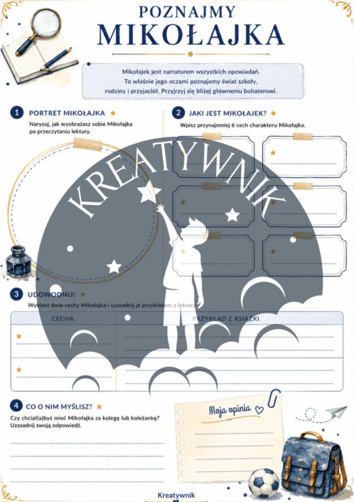 Podgląd stron z kreatywnego zeszytu lektury do książki Mikołajek – Kreatywnik.com.pl
