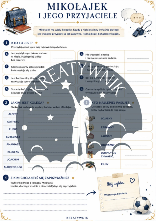 Podgląd stron z kreatywnego zeszytu lektury do książki Mikołajek – Kreatywnik.com.pl