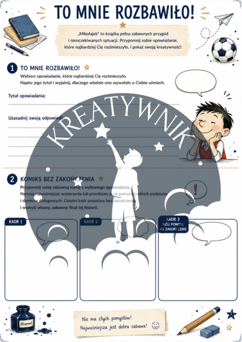 Podgląd stron z kreatywnego zeszytu lektury do książki Mikołajek – Kreatywnik.com.pl