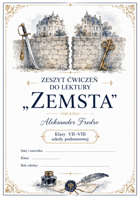 Zdjęcie główne okładki zestawu ćwiczeń i kart pracy do lektury Zemsta – Kreatywnik.com.pl