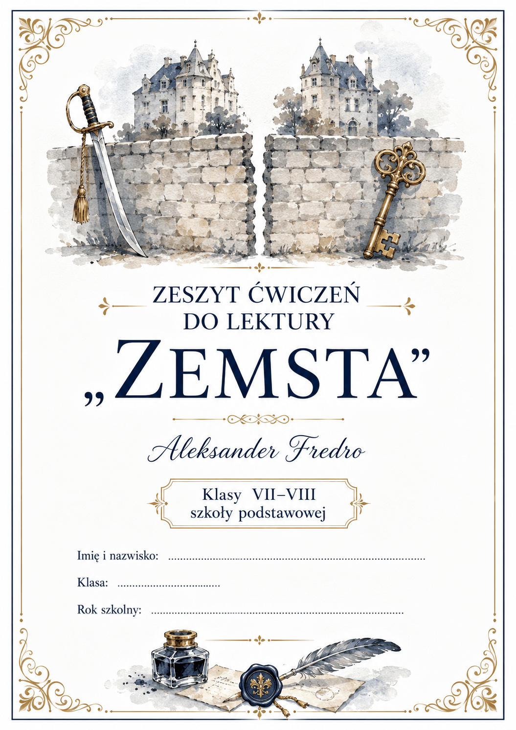 Zdjęcie główne okładki zestawu ćwiczeń i kart pracy do lektury Zemsta – Kreatywnik.com.pl
