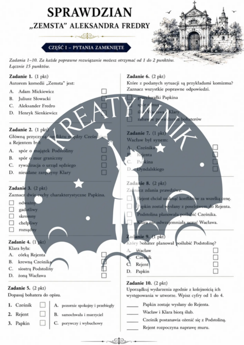 Podgląd stron z zestawu ćwiczeń do lektury Zemsta – Kreatywnik.com.pl