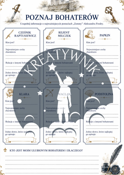 Podgląd stron z zestawu ćwiczeń do lektury Zemsta – Kreatywnik.com.pl