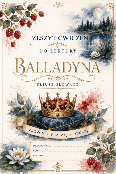 Okładka i przykładowe karty pracy z zestawu ćwiczeń do lektury Balladyna – Kreatywnik.com.pl