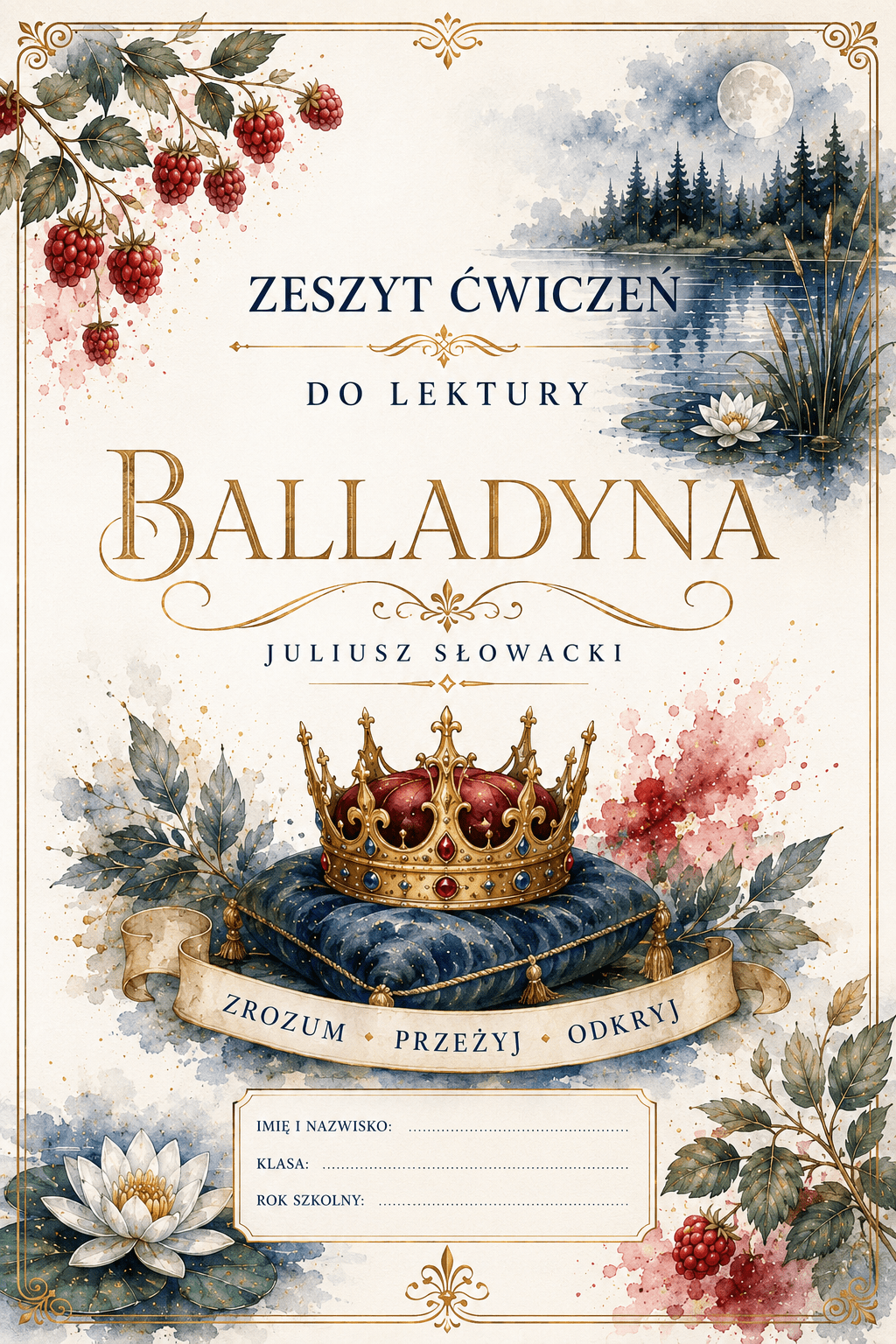 Okładka i przykładowe karty pracy z zestawu ćwiczeń do lektury Balladyna – Kreatywnik.com.pl
