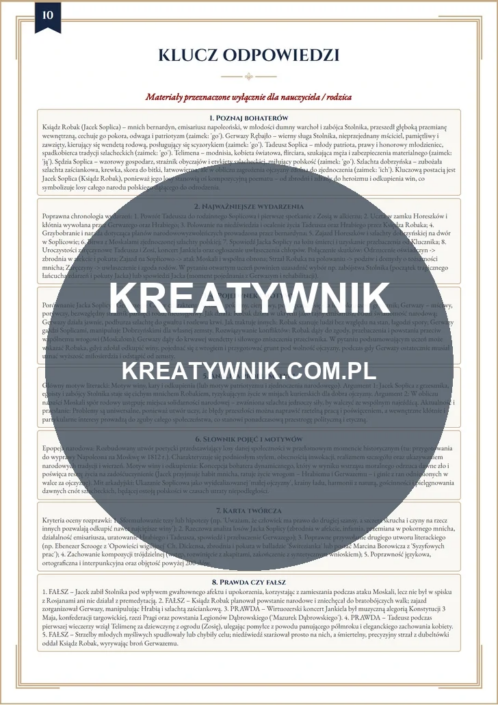 Pan Tadeusz – Karta pracy 10 Pan Tadeusz – karta pracy: Klucz odpowiedzi (Klasy 7–8)