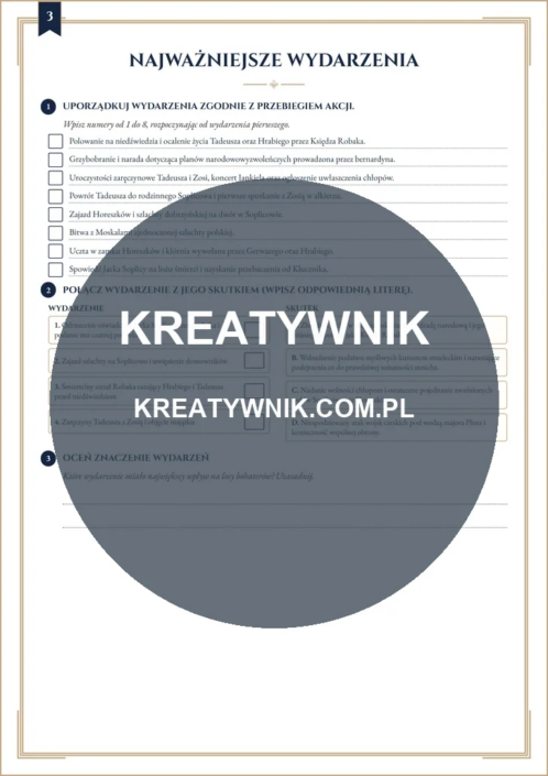 Pan Tadeusz – Karta pracy 3 Pan Tadeusz – karta pracy: Najważniejsze wydarzenia (Klasy 7–8)