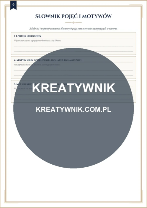 Pan Tadeusz – Karta pracy 6 Pan Tadeusz – karta pracy: Słownik pojęć i motywów (Klasy 7–8)