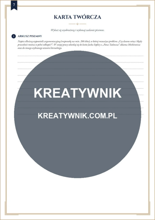 Pan Tadeusz – Karta pracy 7 Pan Tadeusz – karta pracy: Karta twórcza (Klasy 7–8)