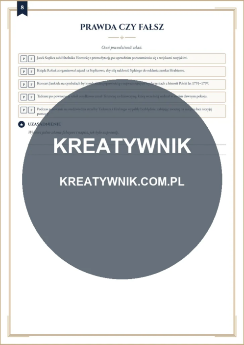 Pan Tadeusz – Karta pracy 8 Pan Tadeusz – karta pracy: Prawda czy fałsz (Klasy 7–8)
