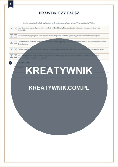 Tajemniczy Ogród – Karta pracy 8 Tajemniczy Ogród – karta pracy: Prawda czy fałsz (Klasy 4–6)